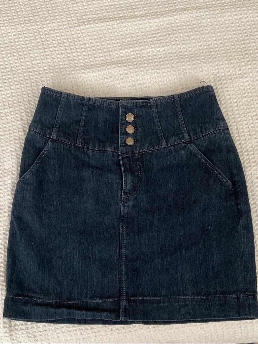 Dark Wash Denim Mini Skirt - High Rise Button Front